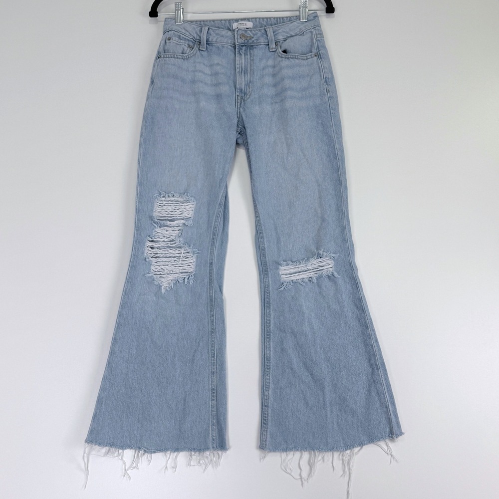 Forever 21 Premium Flare Jeans Womens 24 Light Blue Distressed Raw Hem